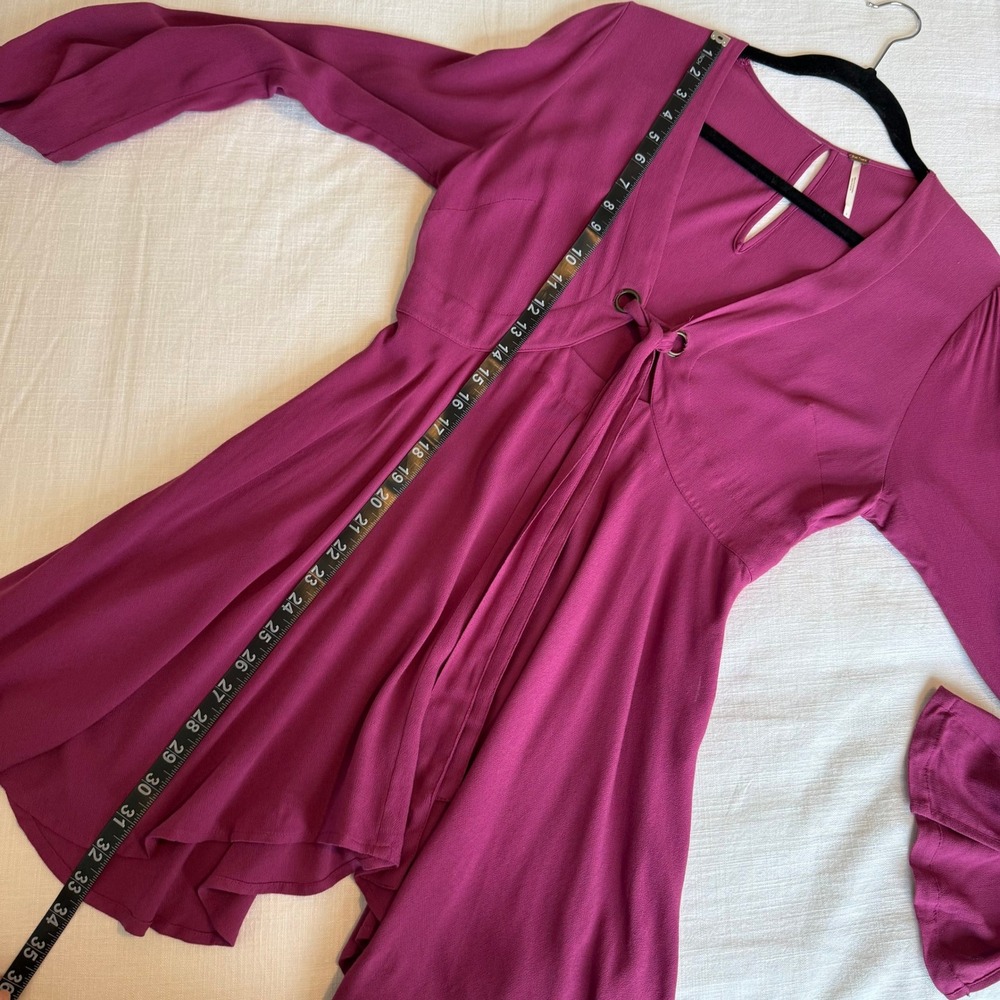 Free‎ People Mini Dress Long Sleeve Tie Front Bell Sleeve Purple Dress - Picture 9 of 10